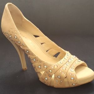 Gianni Bini Nude Leather AB Rhinestone Heels